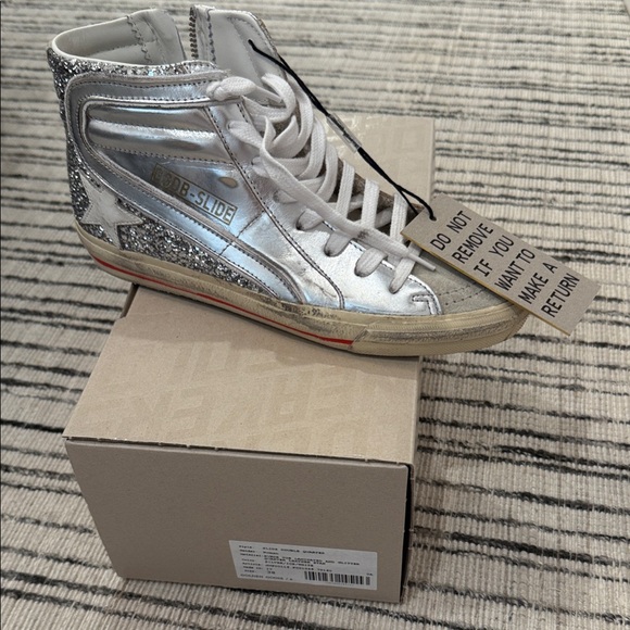 Brand New in Box Golden Goose Silver and White High-Top Sneakers - Picture 1 of 5